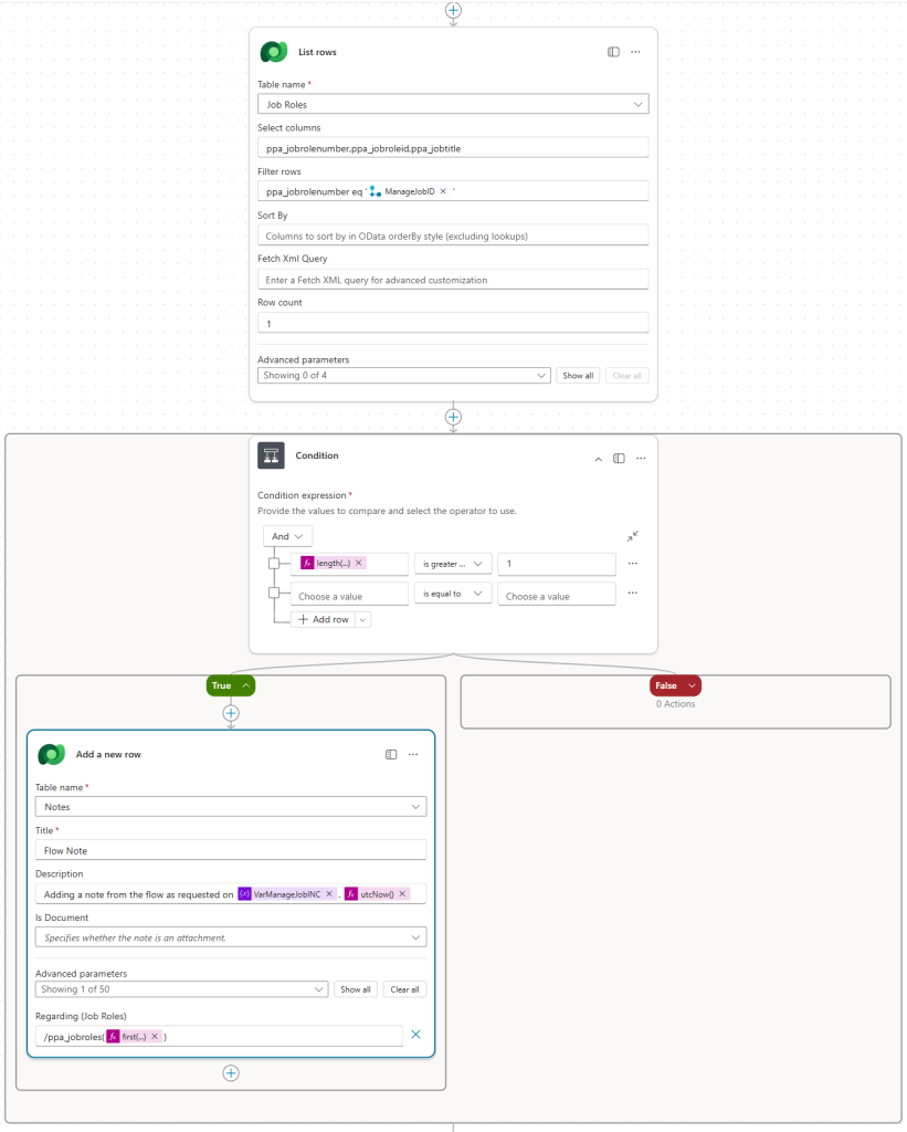 Screenshot showing the Agent Flow which looks up the dataverse table and if the record exists, creates a record on the timeline.