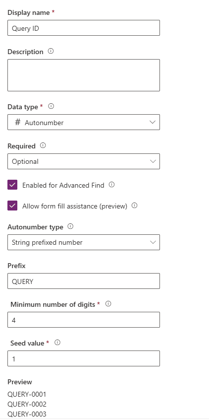 Dataverse autonumber column configuration for the Buyer Query table showing the QUERY prefix format