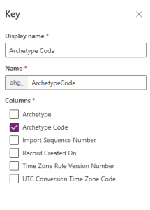 New key panel with Archetype Code selected as the alternate key column