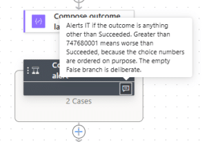Power Automate action card with a note icon and the note text displayed