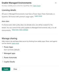 Alt text: Enable Managed Environments panel in the Power Platform admin center with default settings