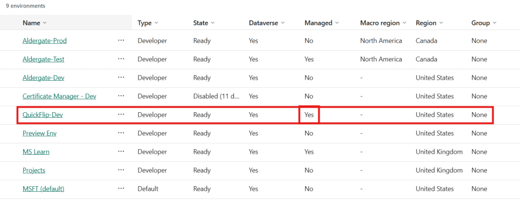 Developer environment now listed as a managed environment in the admin center